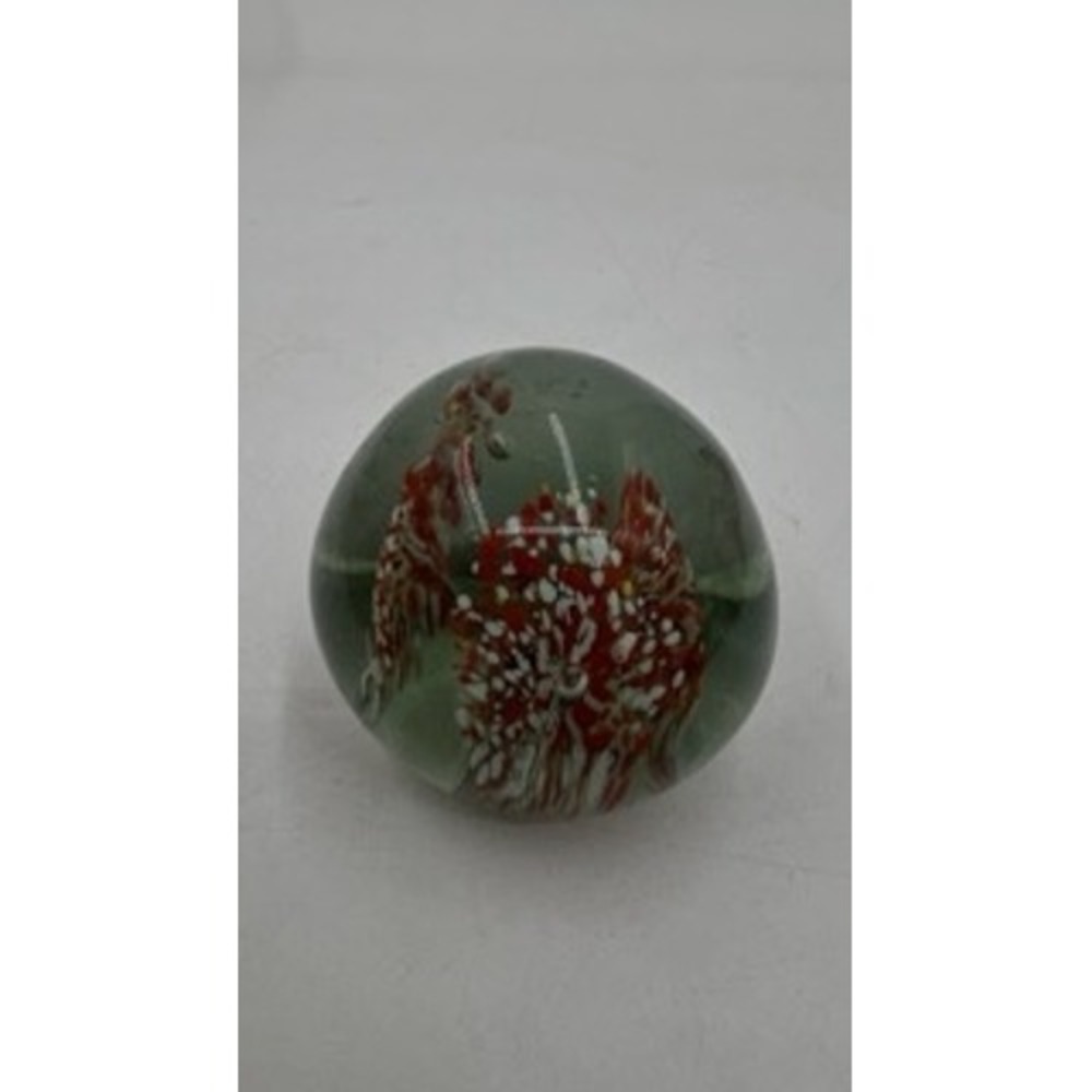 Vintage Art Glass Paperweight Red White Spatter Controlled Bubble 2.25 Inch